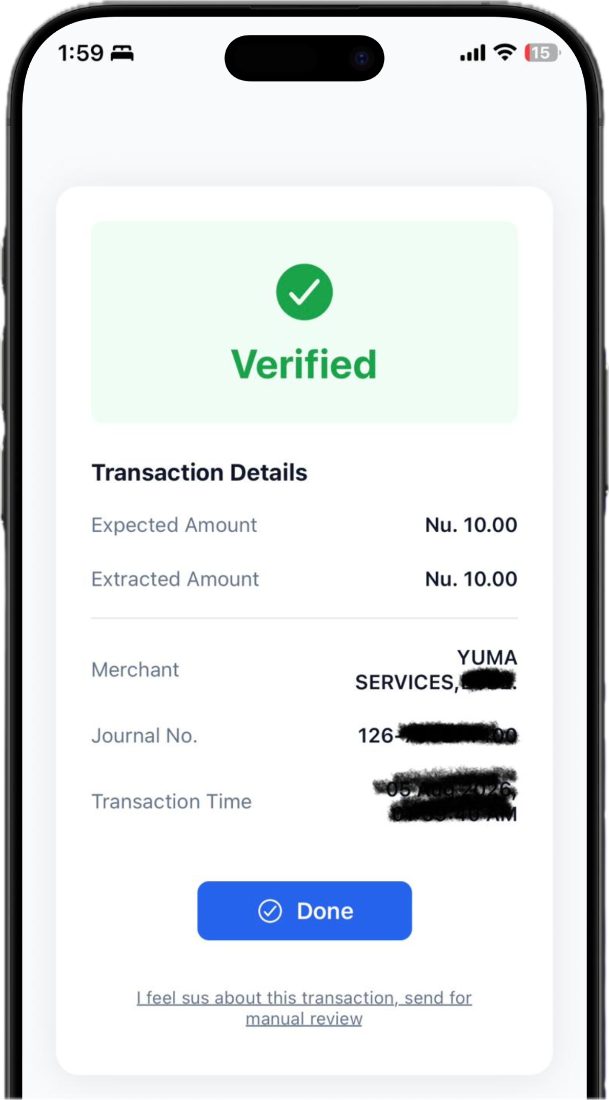 Yuma's verified result screen showing matched amounts